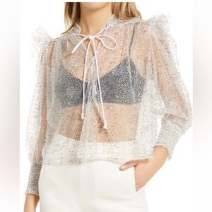 Amylyn Lavenham Sheer Long Sleeve Blouse Size Small Gold & White Dots